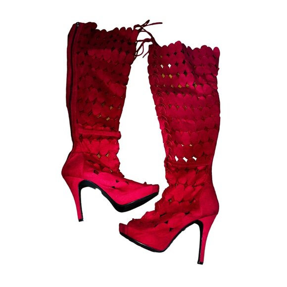 Red Wide Calf Gladiator Womens High Heel Boots Plus Size 9W Thigh High‎ Sexy HOT - Picture 5 of 9